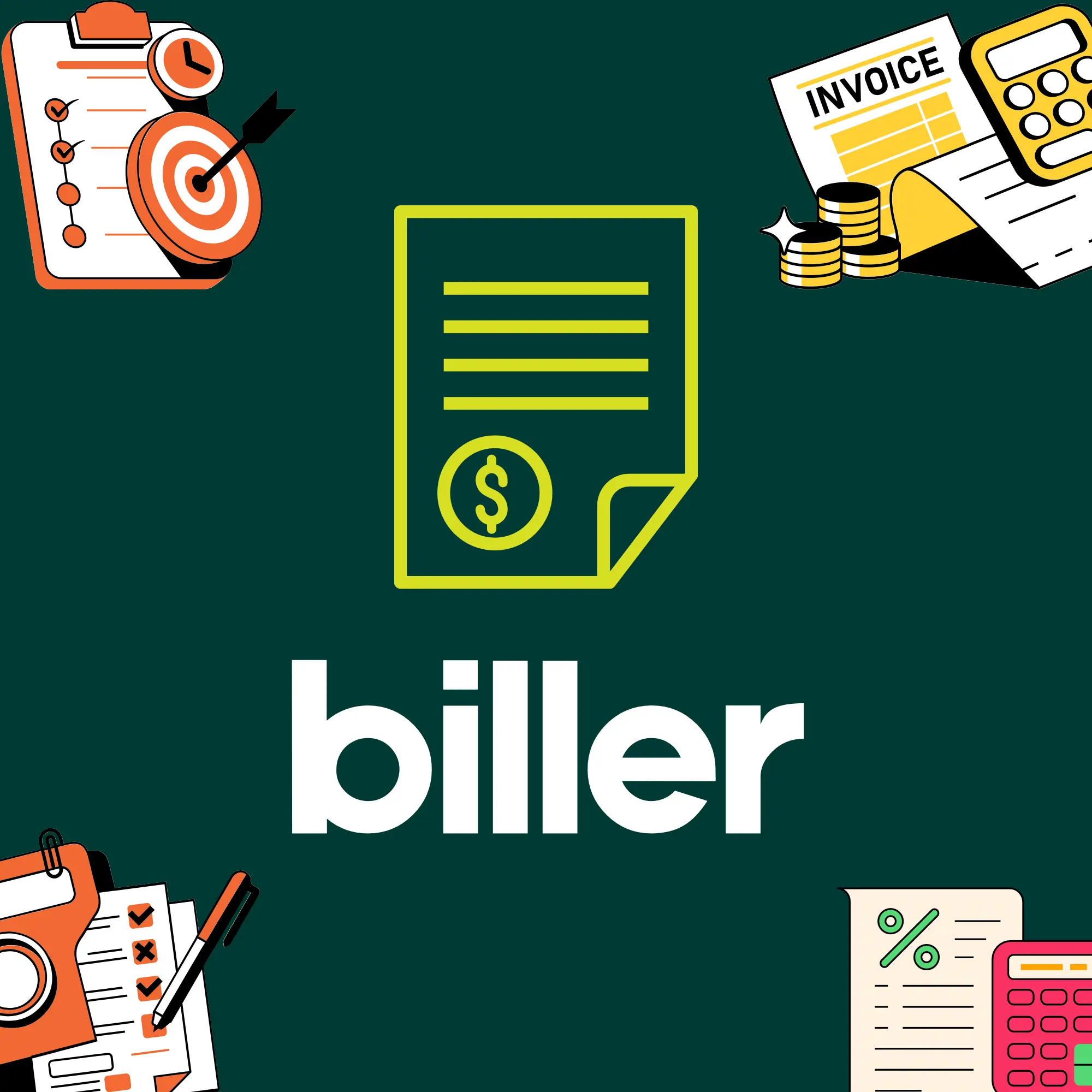The Biller mark: a line-drawn invoice with a folded corner and a dollar-sign coin, above the word biller, on a dark green square bordered by illustrations of a checklist, a target, coins and a calculator