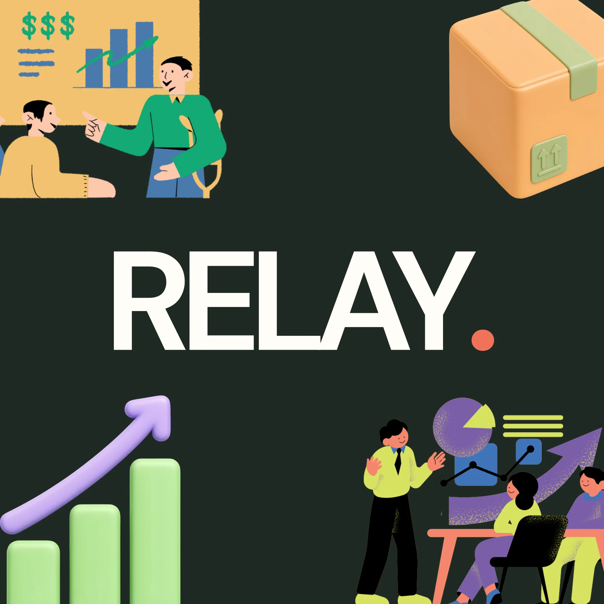The Relay mark: the word RELAY in large white capitals with an orange full stop, on a deep green square bordered by illustrations of two people at a rising bar chart, a taped parcel, an upward arrow over three green bars, and a team of three in a review meeting